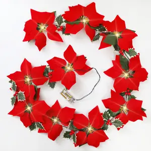 JQ-130 Christmas Poinsettia Garland with Red Berries and Holly Leaves Battery Operated String Lights