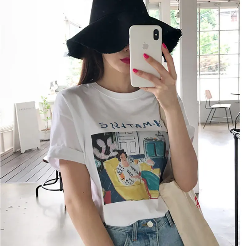 Yeni kore tasarım baskılı bayan popüler t shirt kız moda toptan t shirt OC335