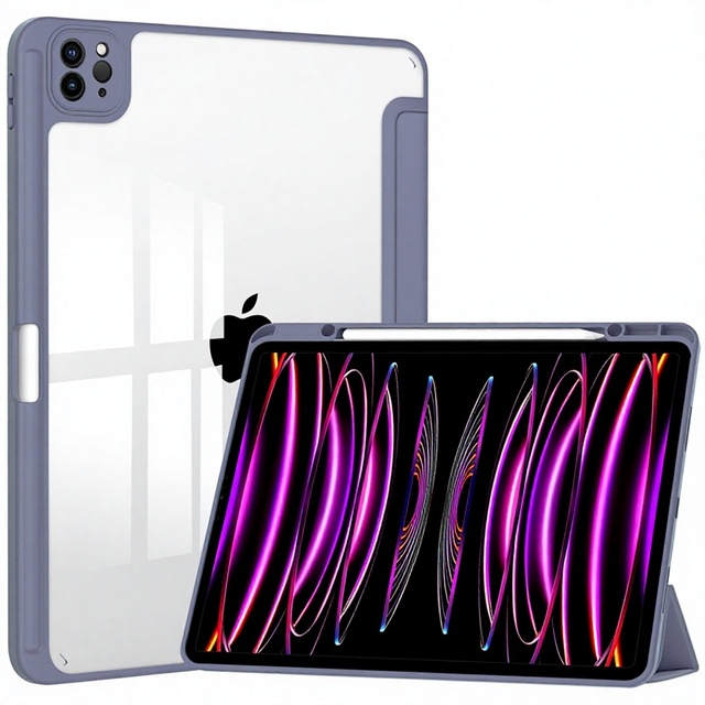 Compatible with for iPad Pro 11 2024 & Pro 13 Model-Transparent Leather Case with Built-in Pencil Slot and Tri-Fold Stand