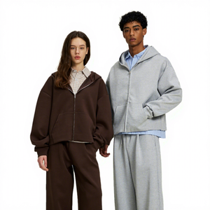 Hooded Zipper Sweatshirt Men Women Solid Color Cotton Knitted Pullover Autumn Casual Oversized Hoodie <b>Set</b> - Product Image 1