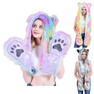 SOLPOP Gorro de Felpa de Animales de Peluche para Carnaval, Bufanda, Guantes, Accesorios para Fiestas Rave, Sudadera con Capucha de Orejeras de Peluche Colorida Arcoíris para Mujer con Orejas de Patas - Product Image 6