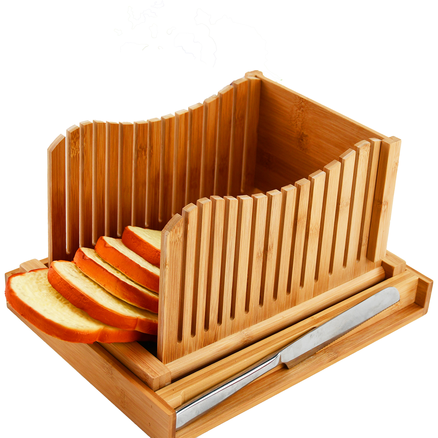 Collapsible 3 Slice Thickness Manual Bamboo Wood Bread Slicer Guide With Long Knife & Crumb Tray for Homemade Bread, Cake, Bagel