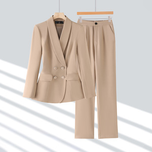 Women's Suit Set Beige Double Breasted Blazer Pants Anti-Wrinkle Spring Autumn Office Wear - Product Image 1