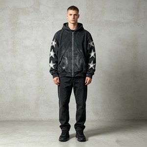 Sweat-shirt à capuche pour homme 100% coton, coupe oversize, effet délavé personnalisé, fermeture éclair, style vintage et déchiré - Product Image 1
