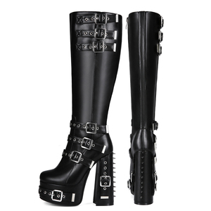 Bottes hautes pour femme à boucles larges, plateforme épaisse et talons robustes, grandes tailles 47, avec rivets métalliques arrière - Product Image 1