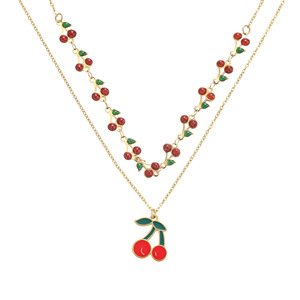 Nouveau collier pendentif cerise double couche en acier inoxydable, polyvalent et mignon, pour accessoires de bijoux féminins - Product Image 6