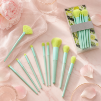 10 Buah Set Kuas Rias Wajah Kit Kuas Kosmetik dengan Kotak Kuas Bedak Foundation Blending Eyeshadow Hijau Mint