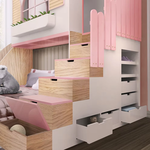 Solo para Empresas MOQ 50 Cama Alta Tipo Casita para Niña Color Rosa con Tobogán Almacenamiento y <span class=keywords><strong>Escaleras</strong></span> de MDF Contrachapado para Dormitorios Infantiles - Product Image 3