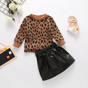 2 Pieces Set Cute Baby Girl Clothes 2021 Spring Fall Toddler Kids Long Sleeve Lace Tops Leopard Skirt Toddler Girls Clothing Set