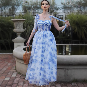 Robe midi en organza à imprimé floral, épaules dénudées, taille empire, fermeture éclair sur le devant, robe de cocktail transparente - Product Image 4