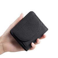 Dompet Pendek Kulit Wanita, Dompet Koin Kulit Asli Motif Litchi, Tempat Kartu Anti RFID Gaya Jepang Korea