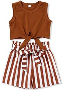 Set di vestiti estivi per ragazze 2 pezzi tinta unita Tie Top e pantaloncini a righe vestito da festa per bambine - Product Image 3