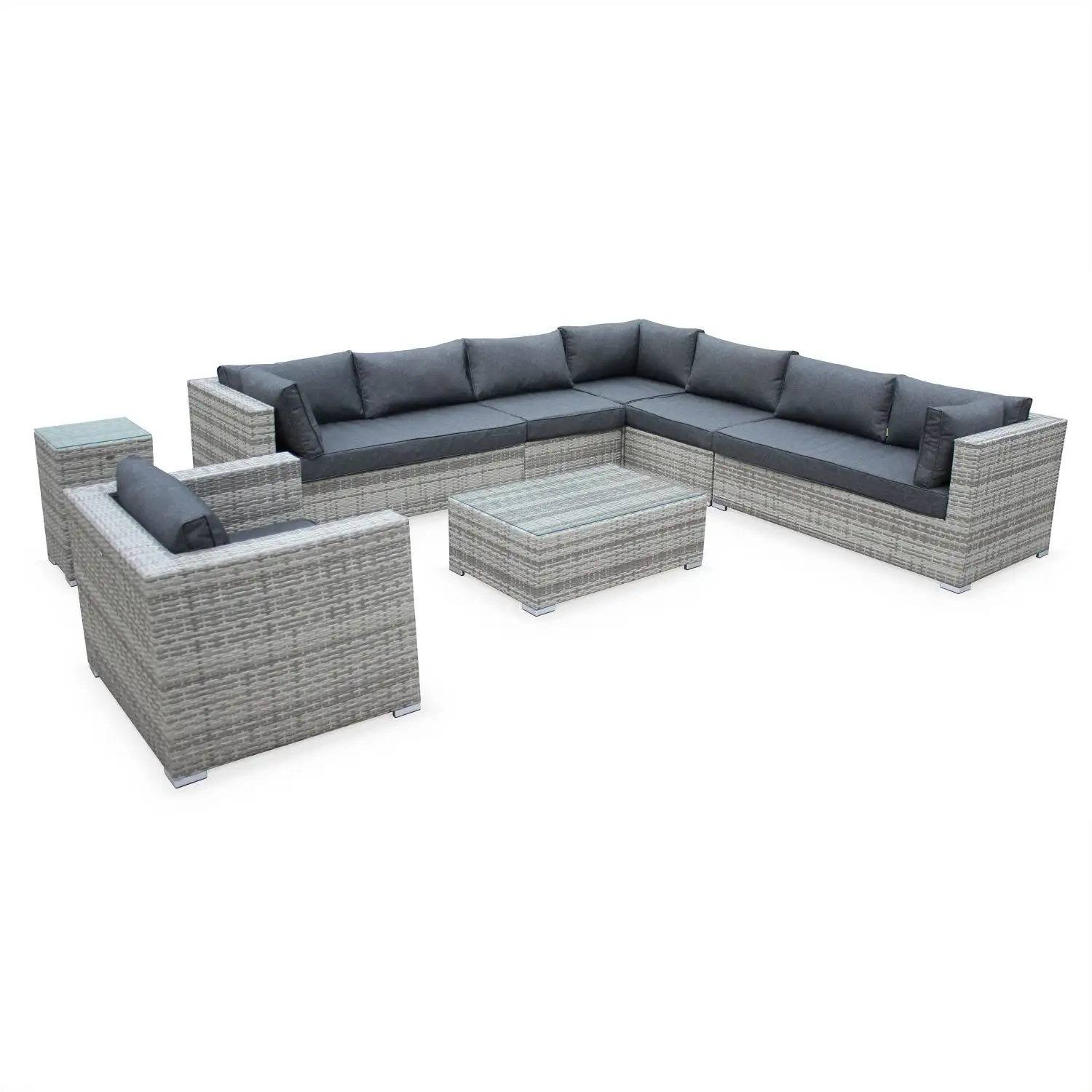 Poly rattan Lounge Set di posti a sedere per giardino, balcone e Patio, Set di mobili da giardino con divano ad angolo e tavolo da pranzo