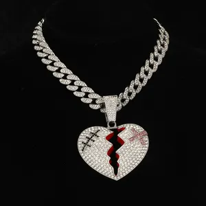 DE Bling Full Rhinestones 5mm Rope Chain 13mm Miami Chain 12mm Prong Cuban Chain with Broken Heart Pendant Necklace Set for Men