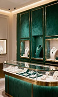 Vitrine à bijoux en velours vert de luxe avec finition dorée - Vitrine haut de gamme pour bijouterie