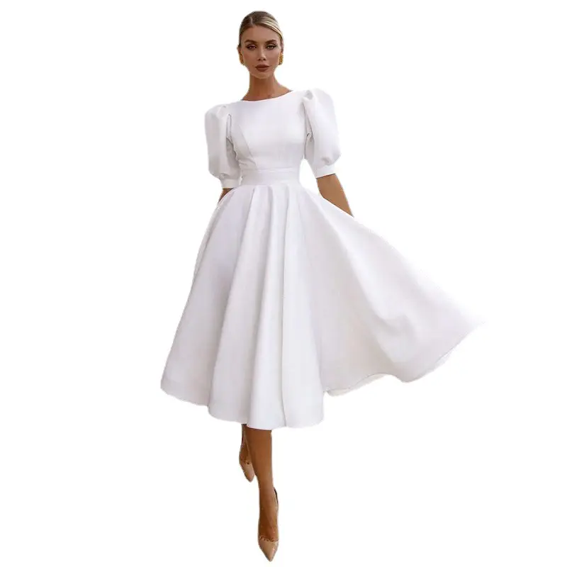 Fall White Elegant Modest Evening Short Puff Sleeve Midi Dress Ladies Casual Party Pleated A-Line Dresses For Women