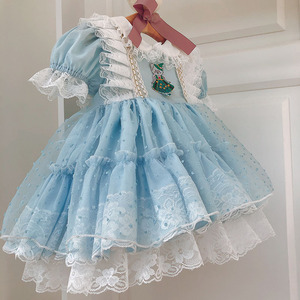 Falda de encaje <span class=keywords><strong>azul</strong></span> <span class=keywords><strong>cielo</strong></span> de estilo europeo, vestido español <span class=keywords><strong>para</strong></span> <span class=keywords><strong>niñas</strong></span> de 2 a 5 años, manga corta, estampado informal en capas, temporada de verano decorativa - Product Image 6