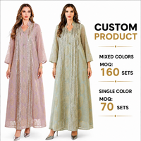Abaya longue transparente à col montant, manches trois-quarts, broderie verticale complète de sequins dorés, personnalisable OEM ODM | Robe de mariée musulmane