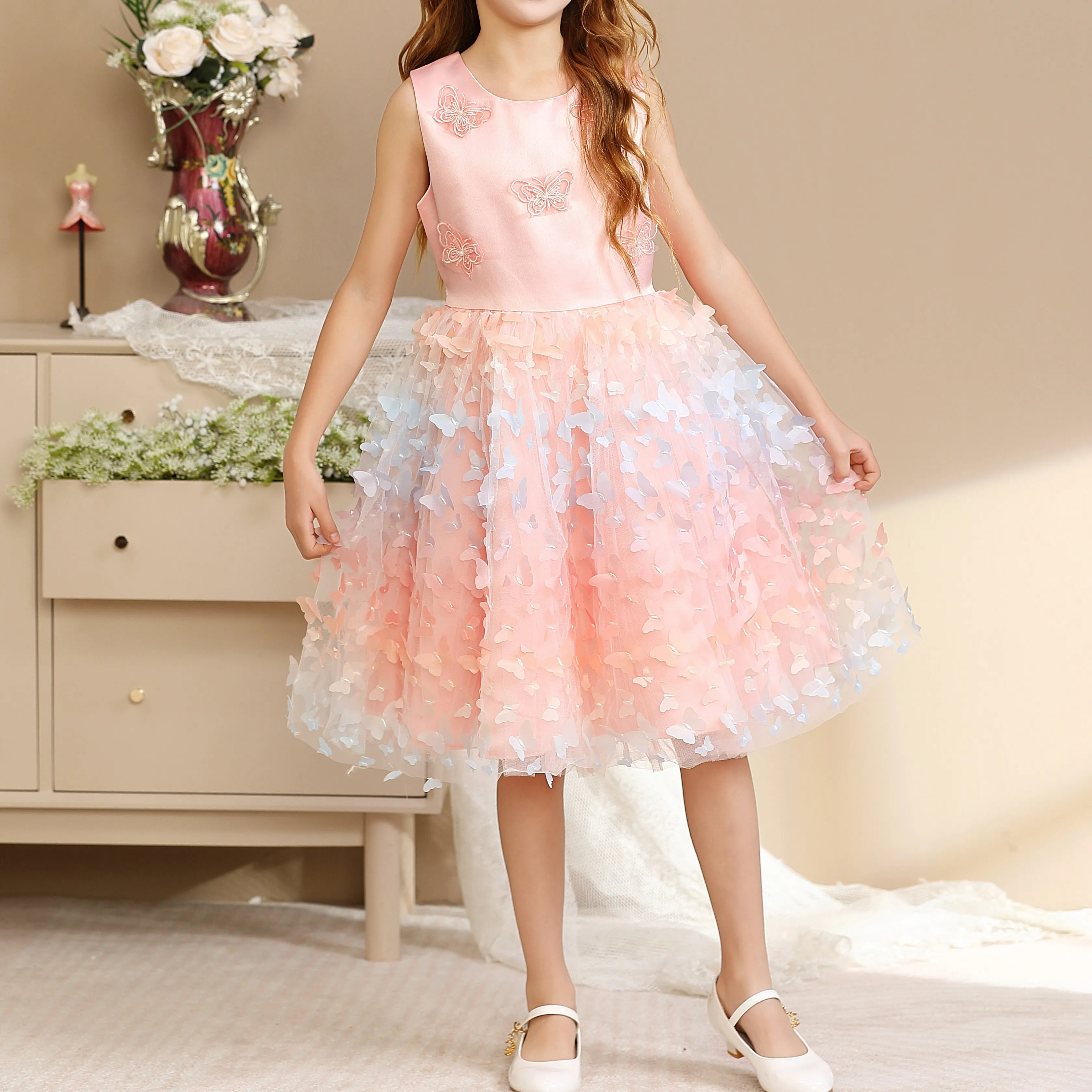 Produsen Pakaian Kustom Anak-anak Mesh Merah Muda Bentuk Gaun Putri untuk Anak Perempuan Gaun Pesta Anak-anak Mewah Gaun Pengantin Kupu-kupu