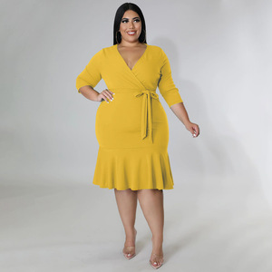 Vestido de Talla Grande con Escote en V, Color Sólido, Estilo Europeo y Americano, con Cordones, Abertura en la Cadera y Volantes - Product Image 4