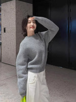 Pull en cachemire décontracté personnalisé à col rond pour femme, tricoté ample avec logo frontal, idéal pour l'automne