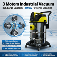 Aspirateur à main haute puissance 3600W 80L pour nettoyage de tapis humide/sec avec double lame d'aspiration et trois moteurs pour usage commercial