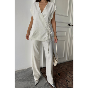 Ensemble chemisier et pantalon en lin brut à sequins, blanc, taille S pour femme - Product Image 5