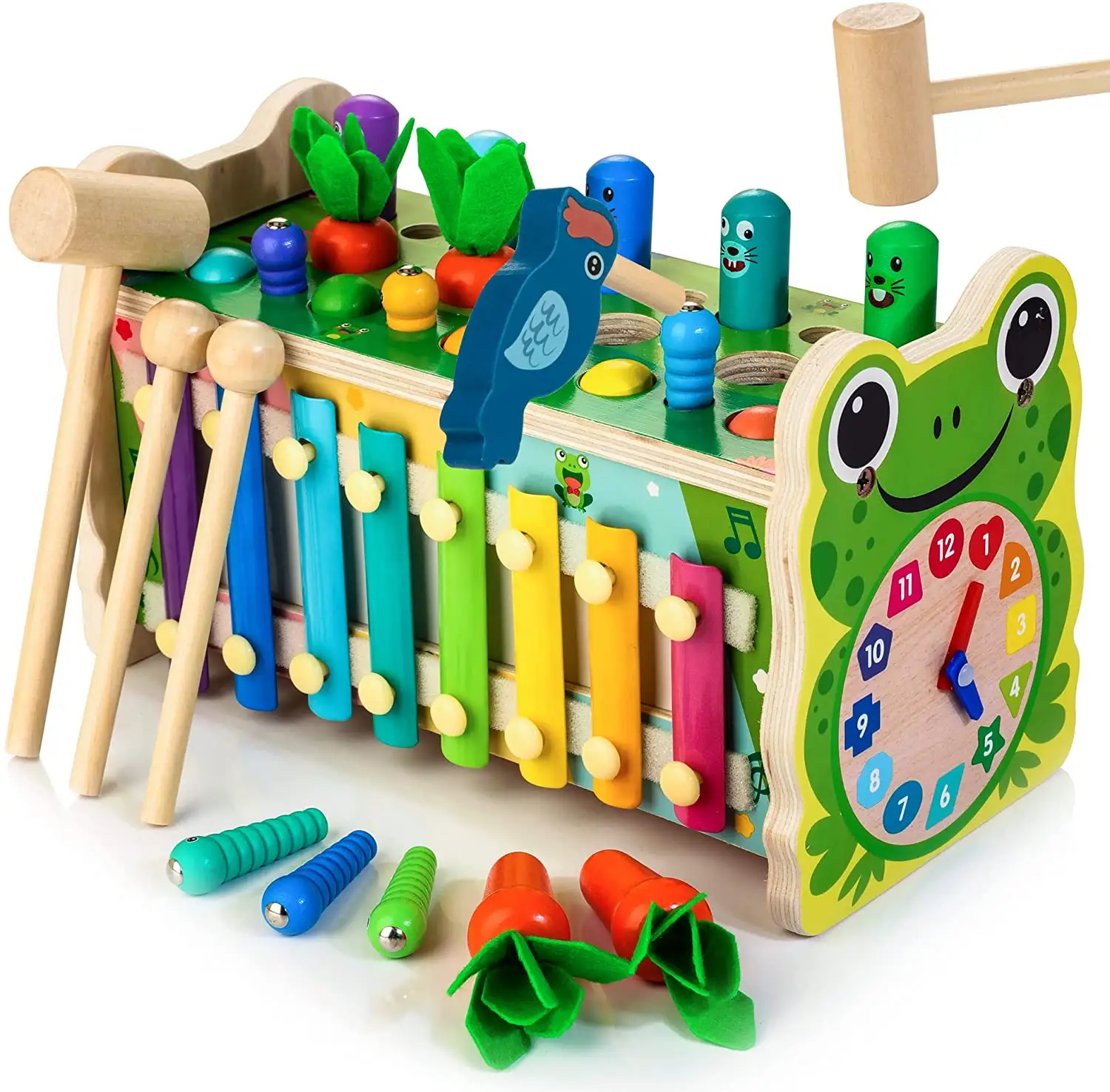 Wooden Pounding and Hammer Toy Early Educational Toy with Fishing Game Xylophone Moving Gears Clock Multiple Ways To Play