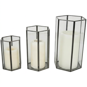Ensemble de 3 porte-bougies hexagonaux en métal avec panneaux en verre pour la décoration de la maison, porte-bougies à pilier, cadre en acier durable - Product Image 1