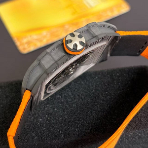 Reloj Mecánico Automático de Lujo con Esfera Esqueletizada, Modelo 67-02, Correa de Lona Naranja y Fibra de Carbono para Hombre - Product Image 5