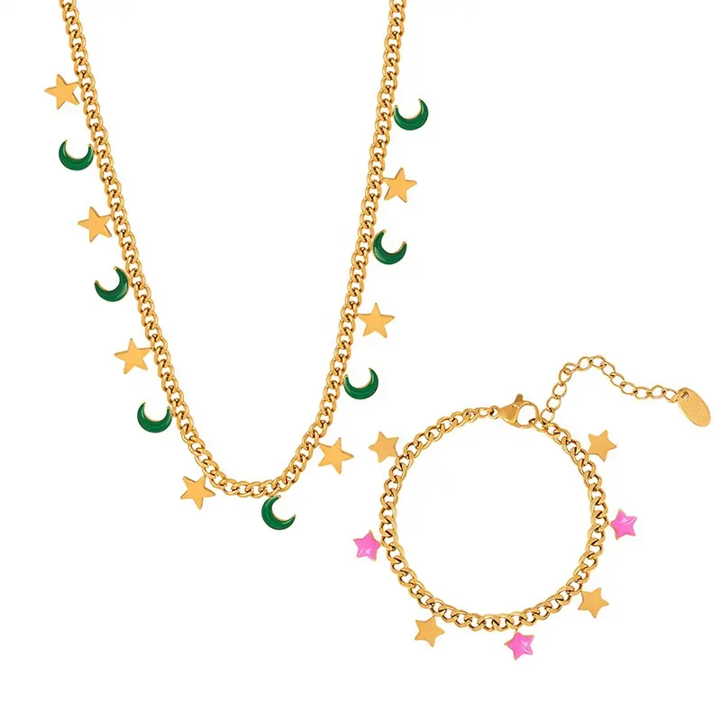 Sweet Tie Necklace Stars Moon Bracelet Titanium Steel Girls Jewelry Set