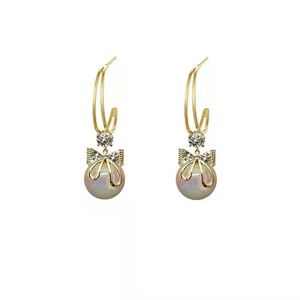 New Sweet Imitation Pearl Drop S925 Silver <b>Post</b> C-shaped Diamond Rhinestone <b>Earring</b> Lady Korean Design Fashionable Bow <b>Earrings</b> - Product Image 6