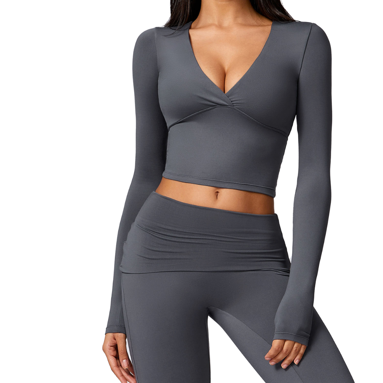 Women's Lightweight Workout Yoga Crop Tops Deep V Neck Padded Fitness Gym Pilates Wrap Tops with Front Cross Long Sleeves