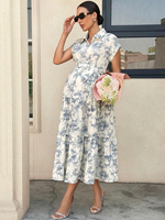 Robe de maternité à manches courtes, ceinturée, à volants, motif floral vintage, longueur midi, pour femmes enceintes, col et manches courtes