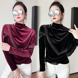 Nouveau haut à manches longues en velours doré pour <span class=keywords><strong>femme</strong></span>, style étranger, avec strass thermocollés, idéal pour l'automne et l'hiver - Product Image 4