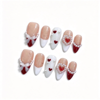 Ongles à presser artisanaux en amande, rouge et blanc, style français, motif cœur et nœud Coquette, réutilisables, avec décalcomanies de perles, vente en gros