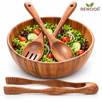 Grand ensemble de bols à salade en bois avec cuillère en acacia et ustensiles de service