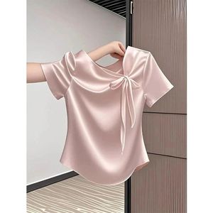 Camicetta in chiffon da donna con fiocco alla francese, maniche corte, in poliestere, design rosa, versatile e alla moda per l'estate - Product Image 2