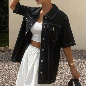 Phụ Nữ Thanh Lịch Bông Phụ Nữ Của Jean Áo Sơ Mi Retro Cowgirl Phong Cách Với Nút Phía Trước Và Ngắn Tay Áo Đồng Bằng Denim Tops - Product Image 1