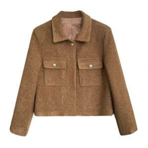 Veste décontractée pour femme, col rabattu, simple boutonnage, couleur beige, poches avant, courte, respirante, en coton écologique, style universitaire - Product Image 1