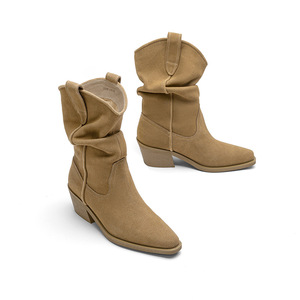 Bottines de style équestre mi-talon en cuir véritable et daim, à bout pointu, mi-mollet, mélange de couleurs, pour un look amincissant et un confort optimal - Product Image 4