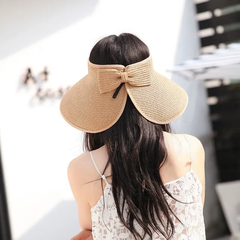 Topi jerami matahari wanita, tepi besar warna Solid matahari musim panas tabir surya topi atas kosong penggunaan pantai musim semi musim panas