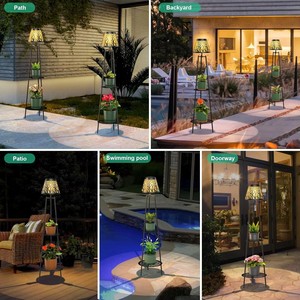 Lampe solaire d'extérieur TSINYE avec support <span class=keywords><strong>pour</strong></span> plantes, lampes de jardin en fer imperméables avec 2 étagères, décorations d'extérieur IP44 - Product Image 3