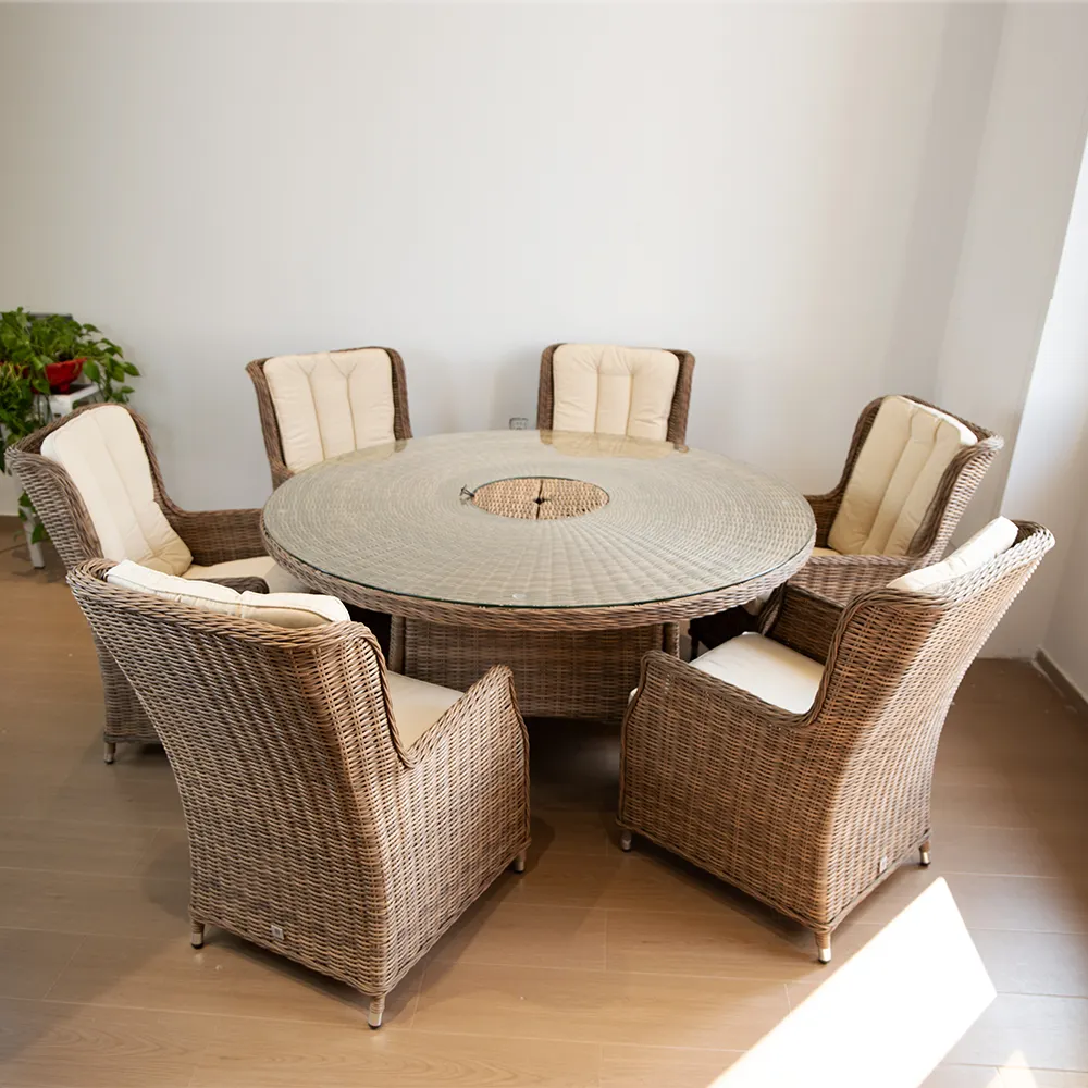 Bán Buôn Vườn Nâu Vòng Bàn Ăn Đặt Với 6 Ghế Trung Quốc Patio Nâu Wicker Mây Đồ Nội Thất Ngoài Trời