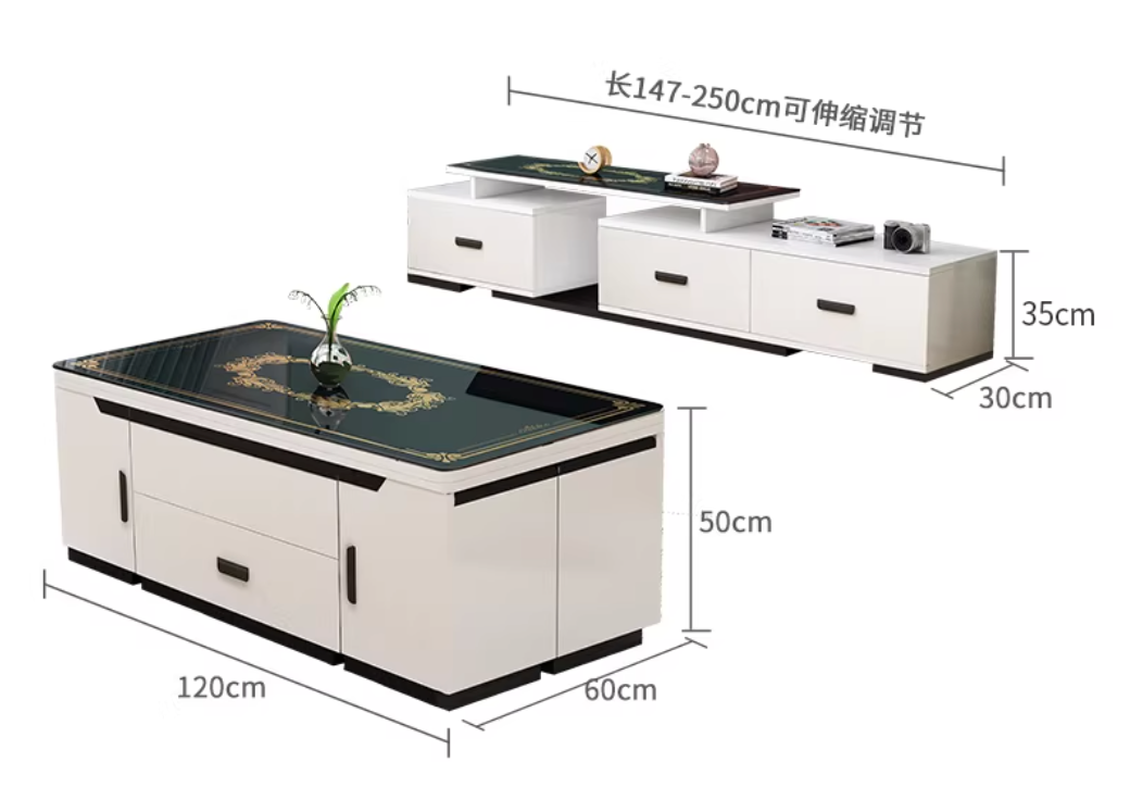 1.2m Coffee Table + TV Stand, Solid Wood Black Floral Glass