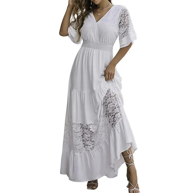RUIFENG simple Women Lace Formal Floral Maxi Dress Ruffle Flowy V Neck Short Sleeves Bridal Wedding Holiday Party Maxi Dress
