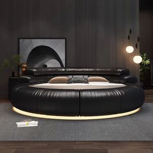 2025 Modern Latest Circle King Size Leather Cama de forma redonda barata con colchón Camas redondas baratas con luz nocturna - Product Image 1