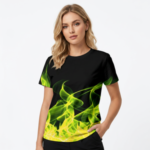 T-shirt pour homme noir à manches courtes, style hip-hop, avec imprimé abstrait vert et jaune, col rond, coupe classique, en polyester tricoté, séchage rapide, décontracté - Product Image 1