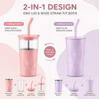 Gobelet isotherme double paroi en verre de 24 oz ODM, double usage, avec paille large pour smoothies et couvercle, pour camping en extérieur, pour femmes adultes