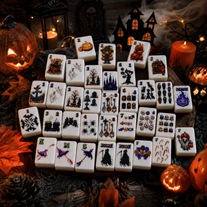 Tuiles de Mahjong Américaines Thème Halloween 160 pièces, Tuiles Imprimées Citrouille, Ensemble de Mahjong en Acrylique Magie Noire pour Cadeau et Fête d'Halloween - Product Image 2